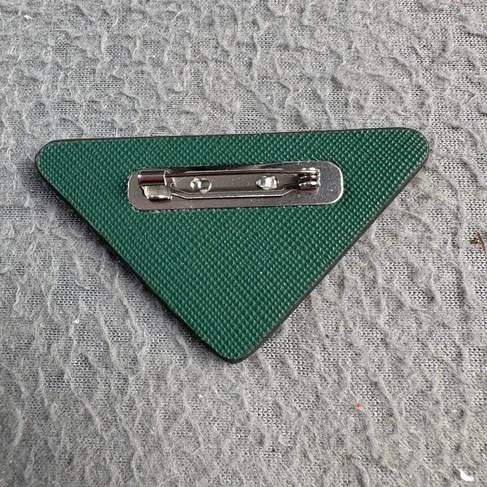 Prada Paradigme Triangle Logo Brooch Pin Green Saffiano Leather VIP Novelty